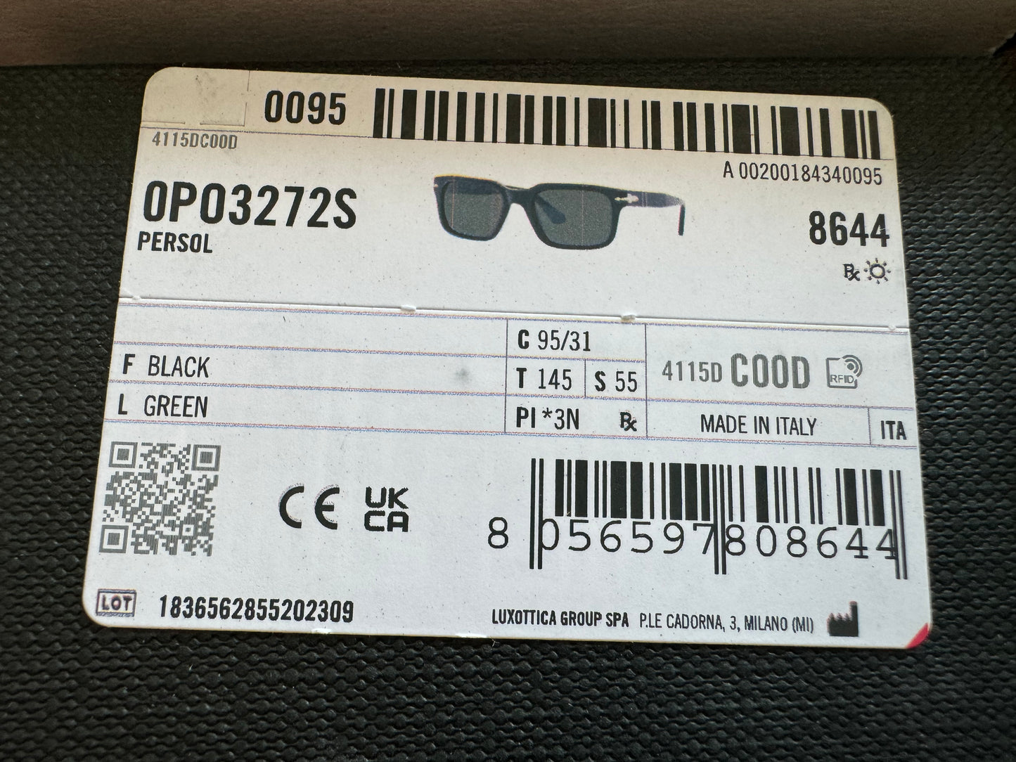 Persol PO 3272 55mm 95/31 Black Green Glass lenses Made in Italy