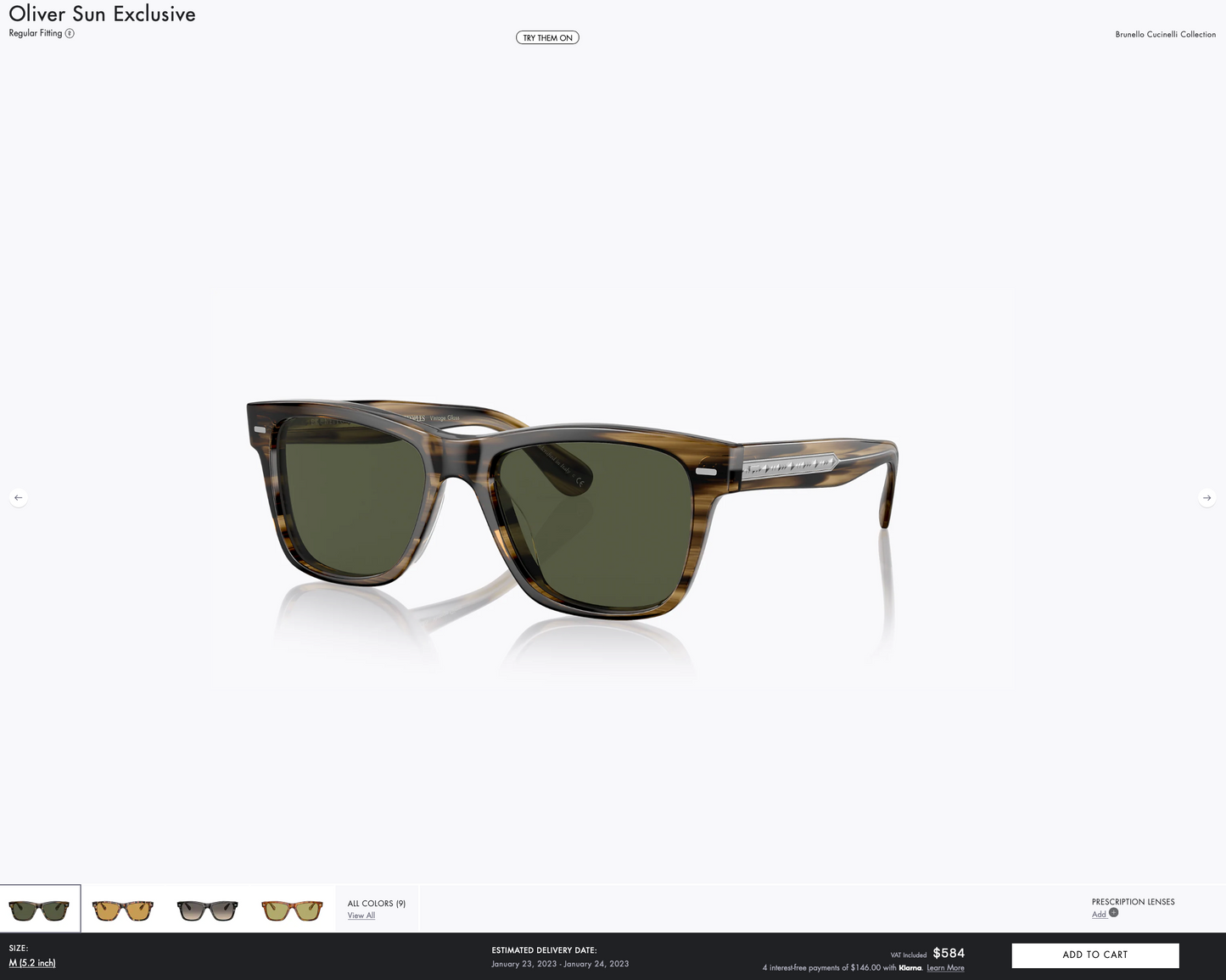 Oliver Peoples Oliver Sun Exclusive Brunello Cucinelli 51mm Olive Smoke G15 OV5393su 171952 New Display Missing Box