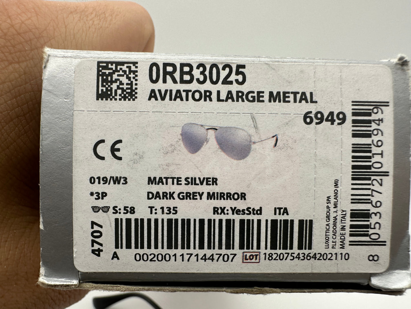 Ray-Ban Aviator 58mm RB 3025 Matte Silver / Dark Gray Mirror Italy NEW