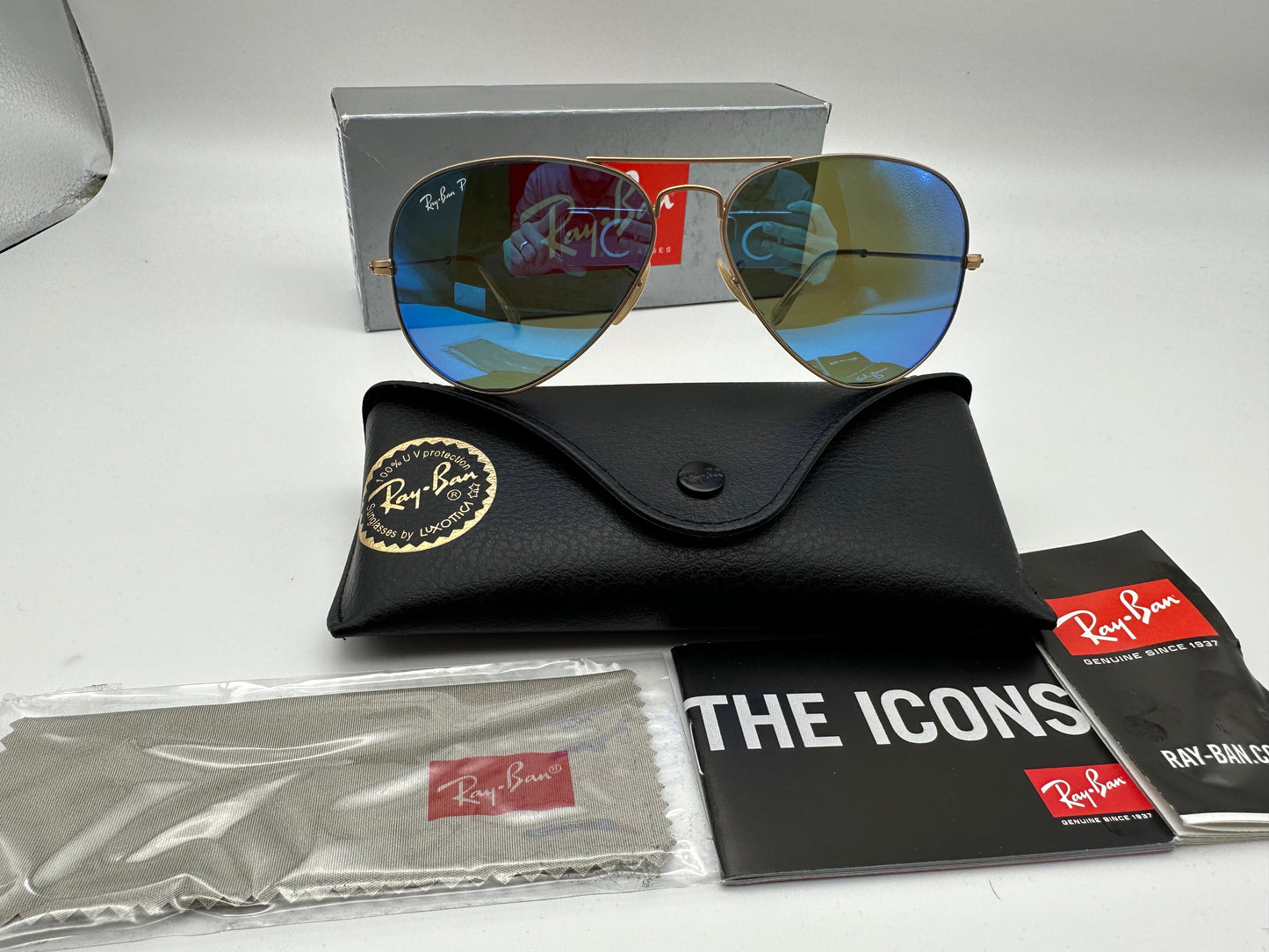 NEW RAY BAN Aviator 58mm Large Metal RB3025 112/4L Matte Gold Blue Mirror POLARIZED Made In Italy