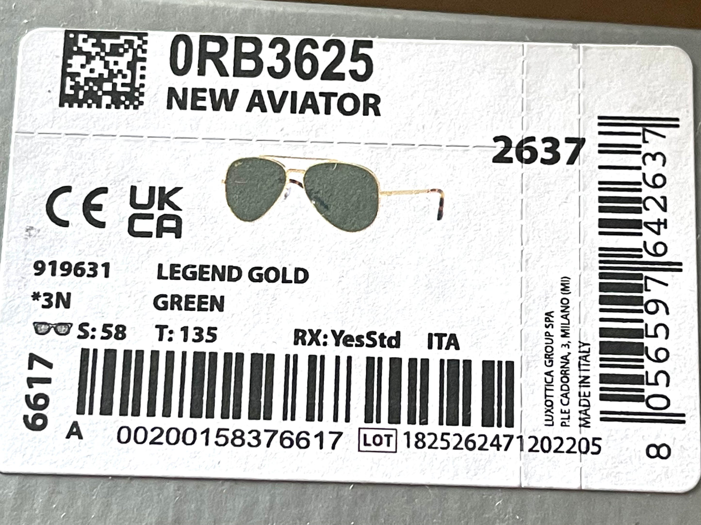 Ray-Ban New Aviator RB 3625 9196/31 58mm Gold Frame G15 Lens