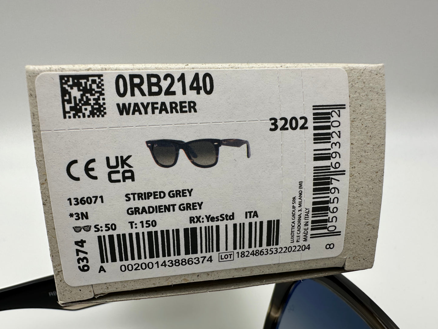 Ray Ban Original Wayfarer Bio Acetate 50mm 136071 Striped Gray/ Gray Gradient Glass Lens Italy