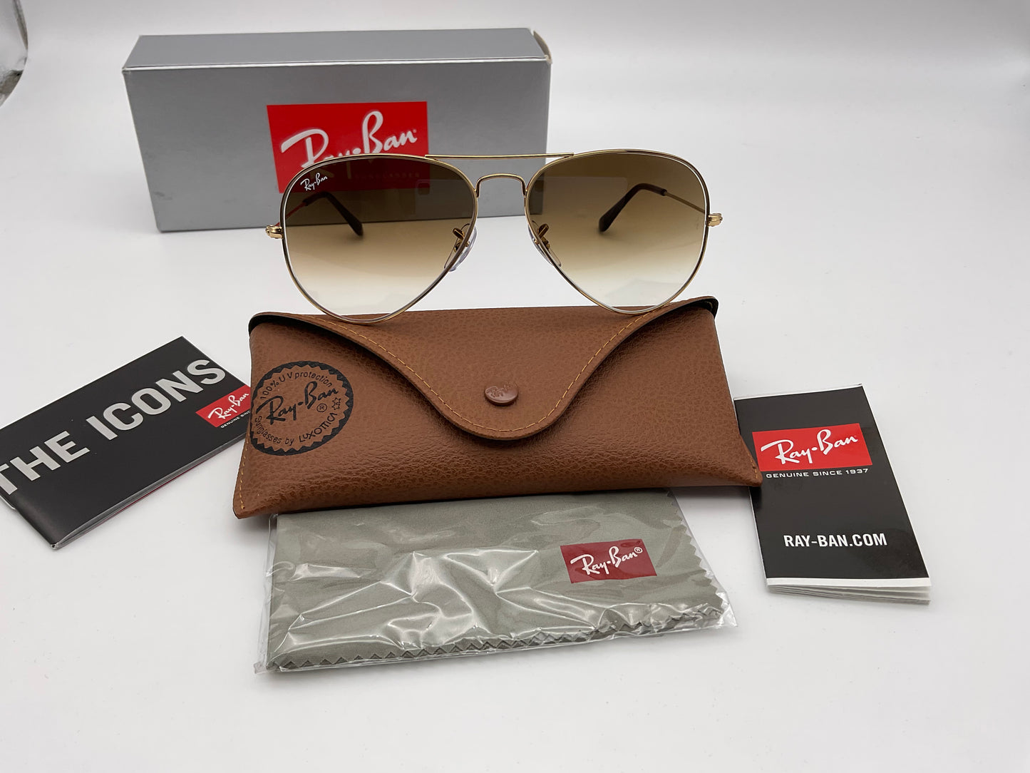 Sunglasses Ray-Ban AVIATOR 58mm RB3025 001/51 Gold Gradient Brown Clear Glass Lenses NEW