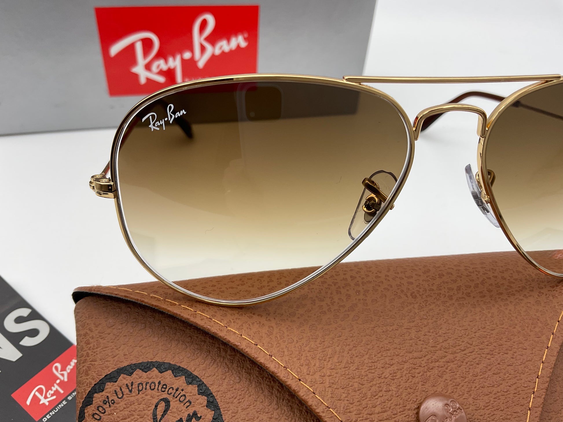 Sunglasses Ray-Ban AVIATOR 58mm RB3025 001/51 Gold Gradient Brown Clea –  Shade Review Store