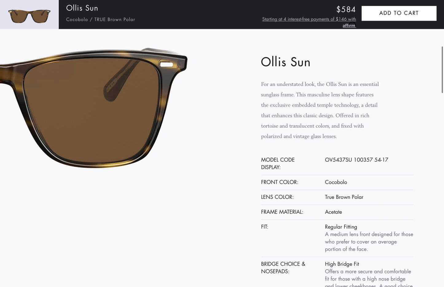 Oliver Peoples Ollis Sun 51mm OV 5437SU Cocobolo/True Brown Polarized 1003/57 Sunglasses