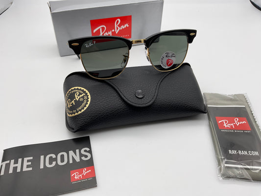 Ray-Ban Clubmaster 49mm Black G-15 Green Polarized Sunglasses RB3016 901/58 MSRP $213 Italy NEW