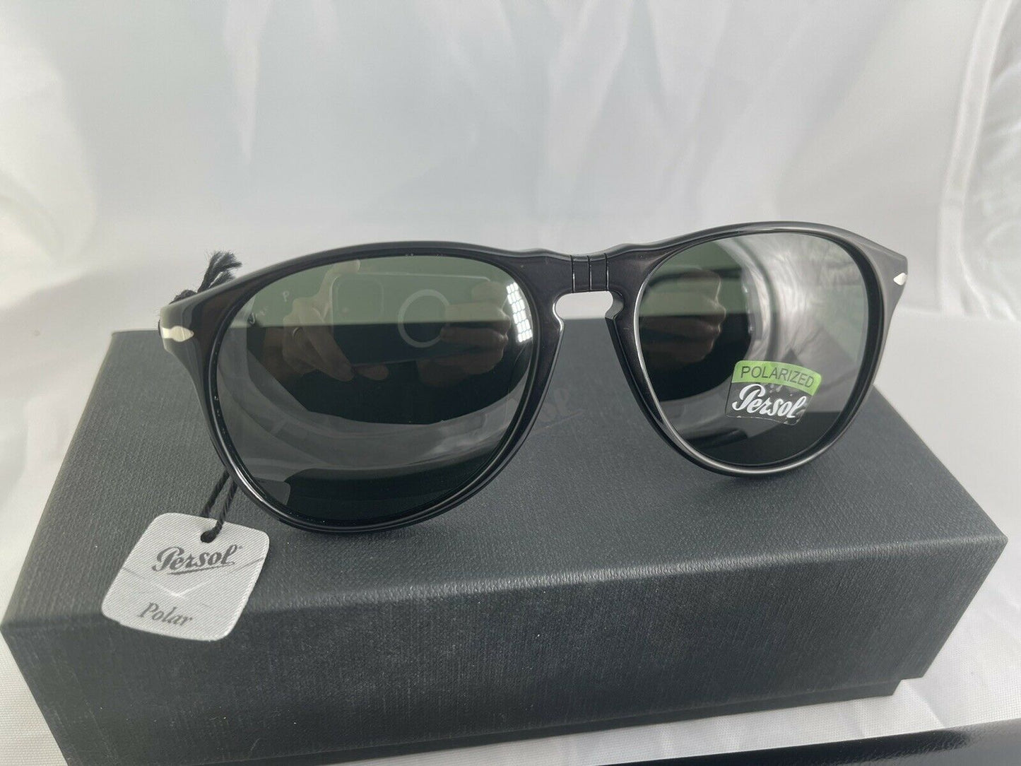 PERSOL PO6649S 95/58 BLACK SUNGLASS CRYSTAL GREEN POLARIZED LENS MADE IN ITALY New with defect on etching of lens